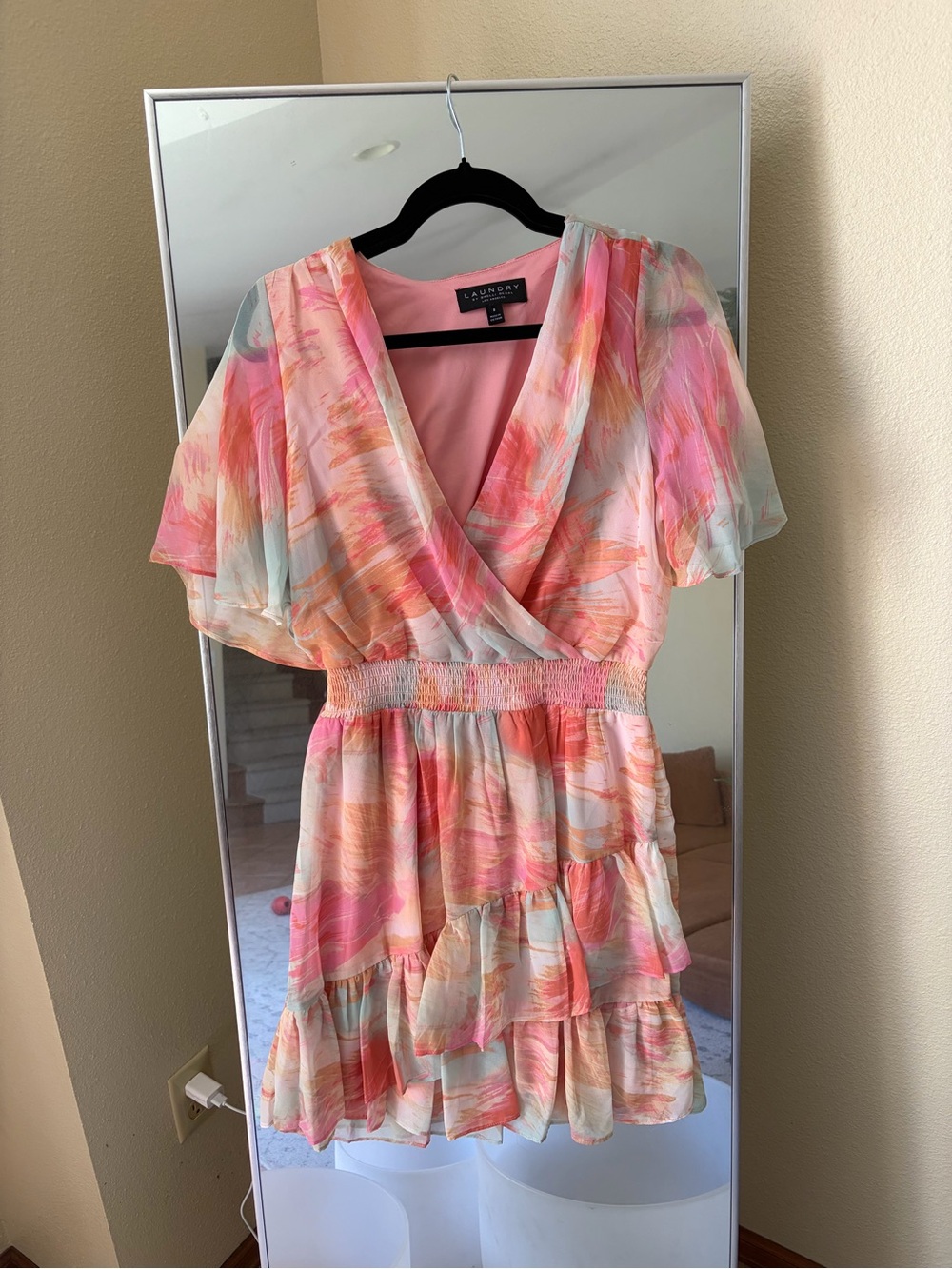 Laundry by Shelli Segal Pink Watercolor Wrap Midi Dress Beach Going Out Glam